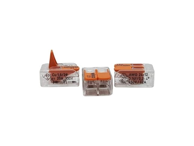 CLEMA DE EMPALME HEMBRA 2 PINES ACODADA 0,5 4 mm2 32A 400V NARANJA PALANCA RETENEDOR AEREA