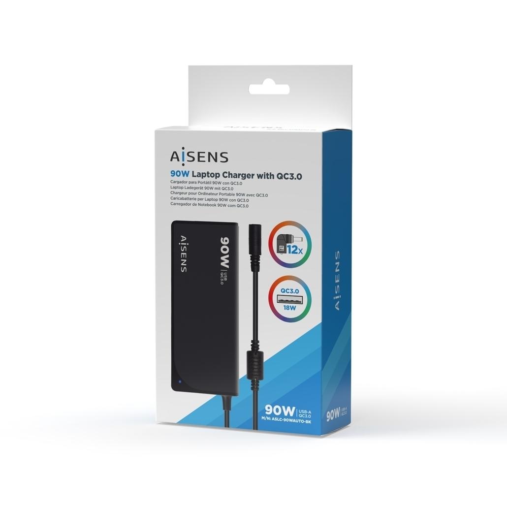 CARGADOR 90W AUTOMATICO UNIVERSAL MULTITENSION  PARA PORTATIL CON 12 CONECTORES+ USB-A QC.3.0