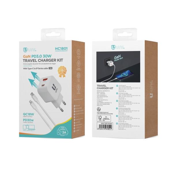 CARGADOR DUAL USB Y TIPO-C PD3.0 30W CON CABLE TIPO-C Y LIGHTING CARGA RAPIDA