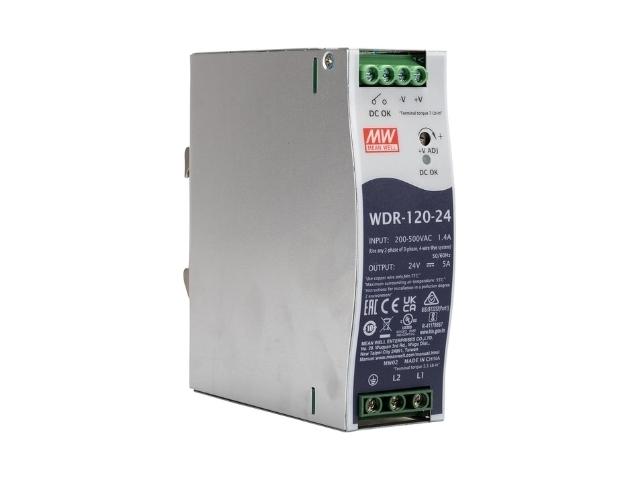 FUENTE ALIMENTACION MONO/BIFASICA 2 FASES 180-550 VAC 1 SAL. CARRIL DIN 24V DC 5 AMP. 120 WAT. MEAN WELL IP20